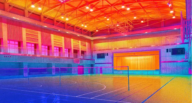 サーモグラフィで高温を示す体育館